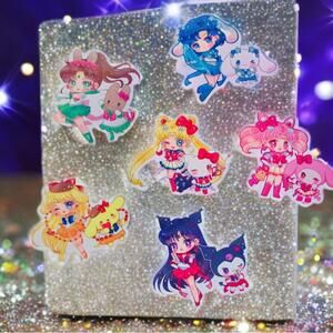 Sailor Moon x Sanrio SET OF 6 Stickers, Clear 3.5” Hello Kitty Kuromi Melody